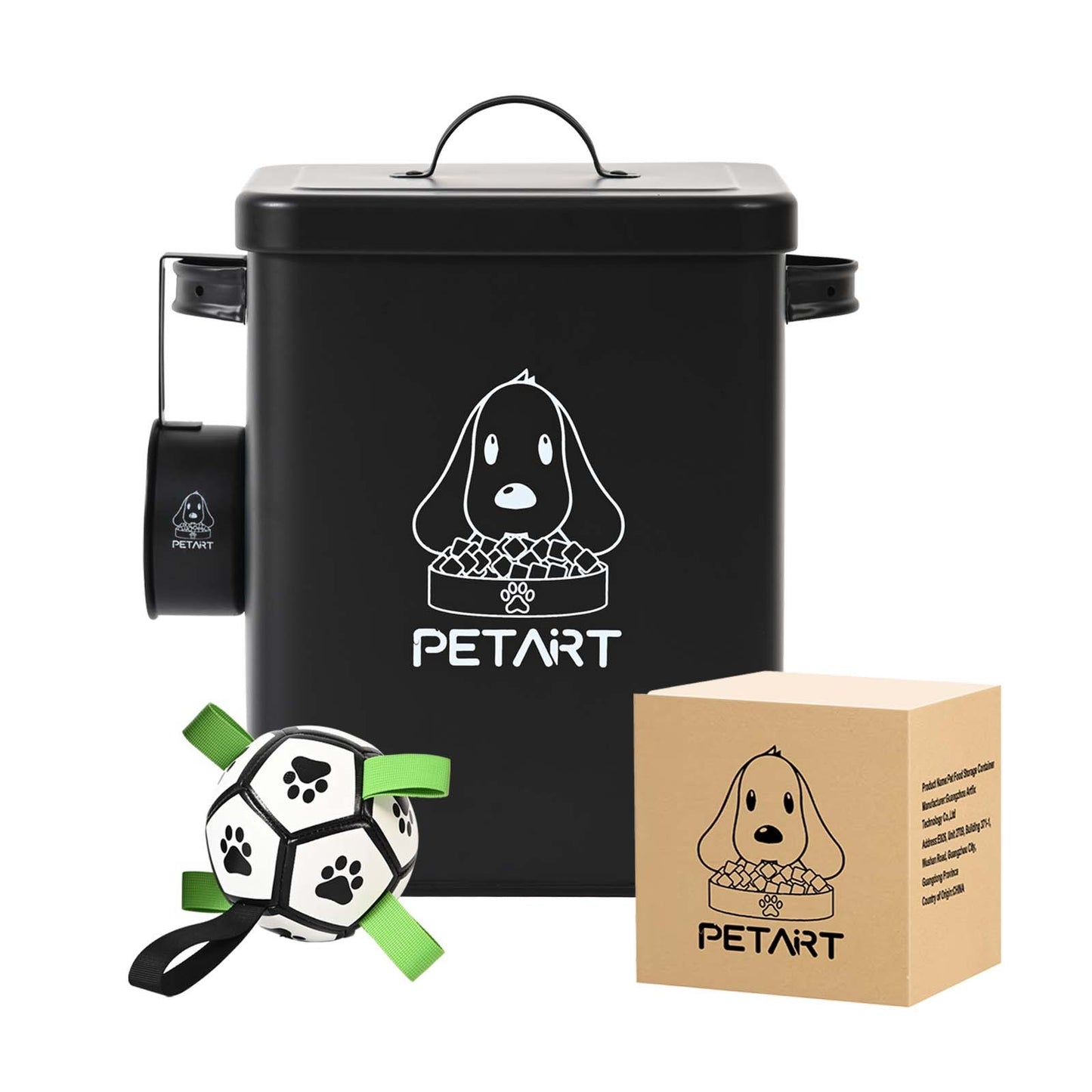 Contenedor metálico para pienso de perro + juguete, cuchara y desecante incluidos