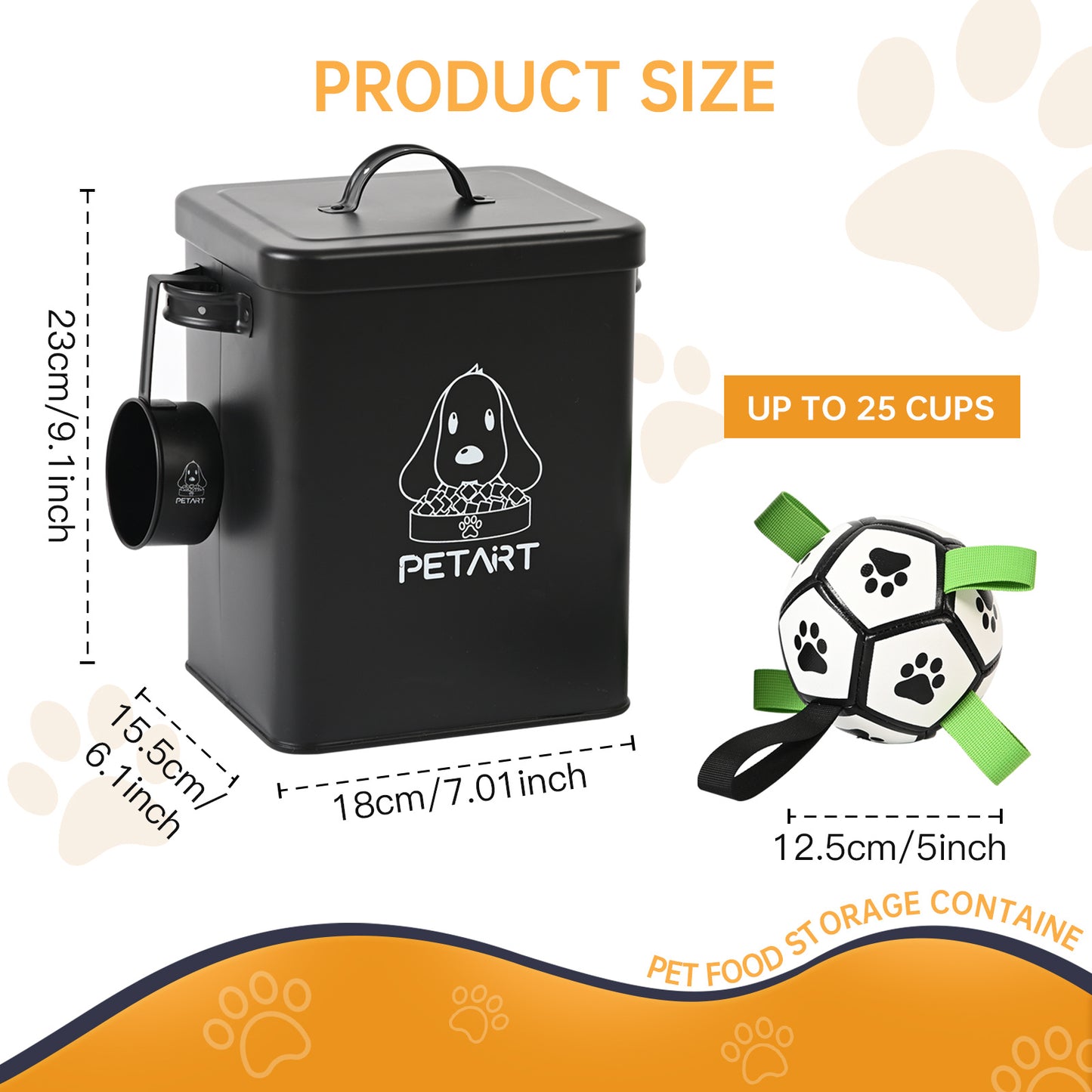 Contenedor metálico para pienso de perro + juguete, cuchara y desecante incluidos